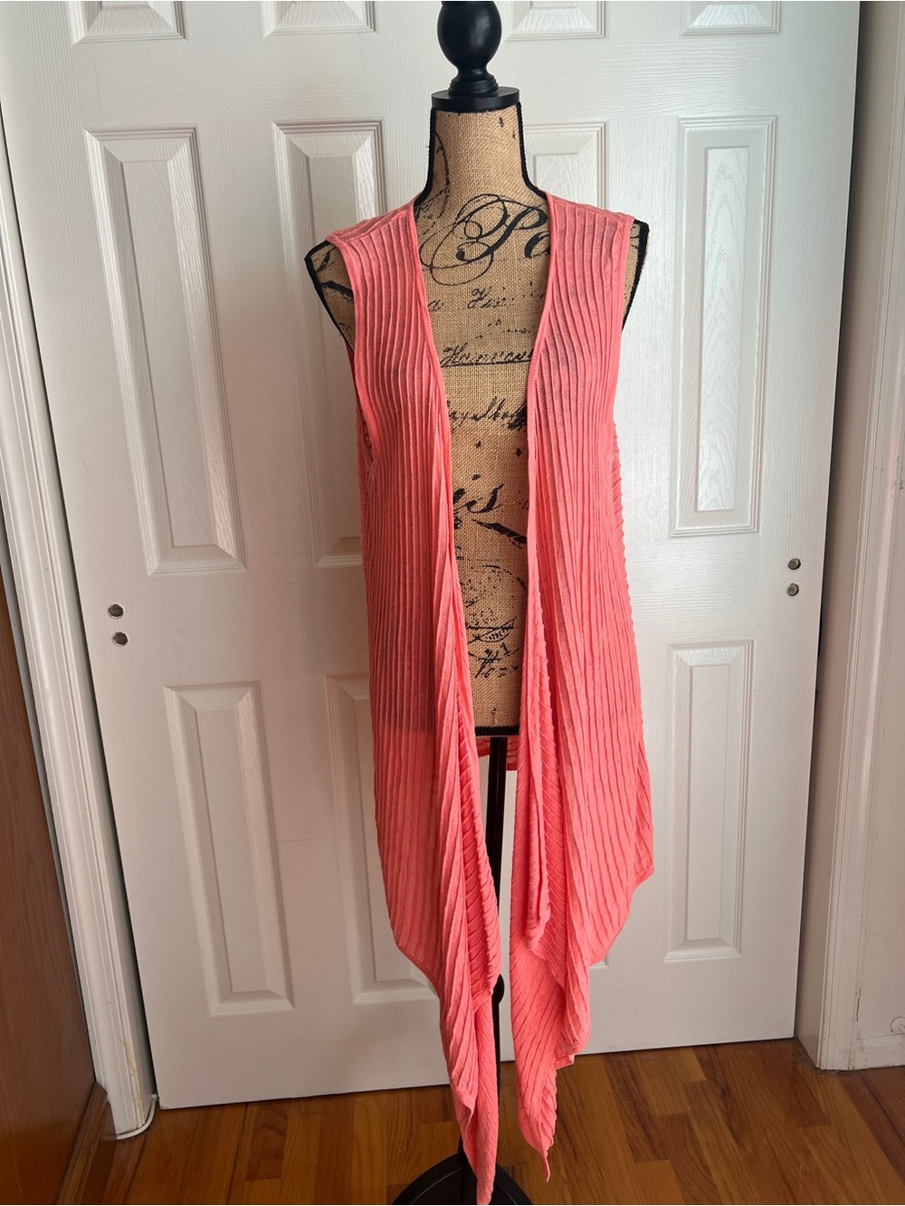 Jones New York Coral Pink Ribbed Open-Front Sleeveless Duster